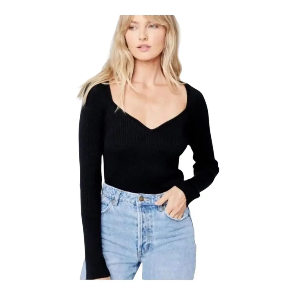 L Space Camryn Top Black Ribbed Sweater Long Sleeve Women's Size Small NWT